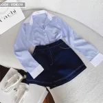 Sét sơ mi kẻ sọc xanh viền cổ tay trắng + short jean
