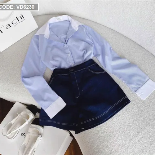 Sét sơ mi kẻ sọc xanh viền cổ tay trắng + short jean
