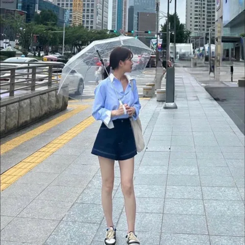 Sét sơ mi kẻ sọc xanh viền cổ tay trắng + short jean