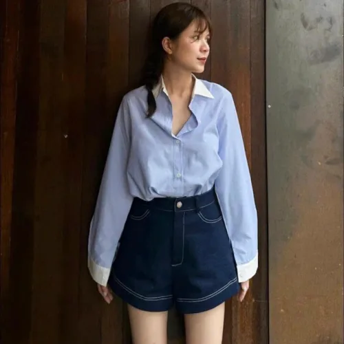 Sét sơ mi kẻ sọc xanh viền cổ tay trắng + short jean