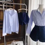 Sét sơ mi kẻ sọc xanh viền cổ tay trắng + short jean