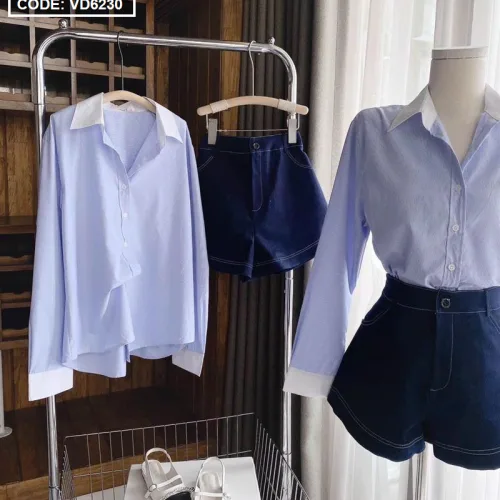 Sét sơ mi kẻ sọc xanh viền cổ tay trắng + short jean