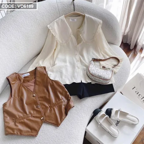 Sét sơ mi nude cổ sen + ghi lê nâu da + short đen