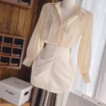Sét sơ mi nude xếp ly + chân váy