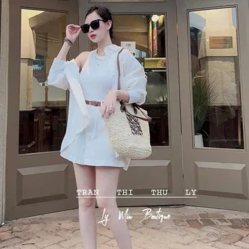 Sét sơ mi trắng 4 món khoác sơ mi kèm áo ba lỗ short