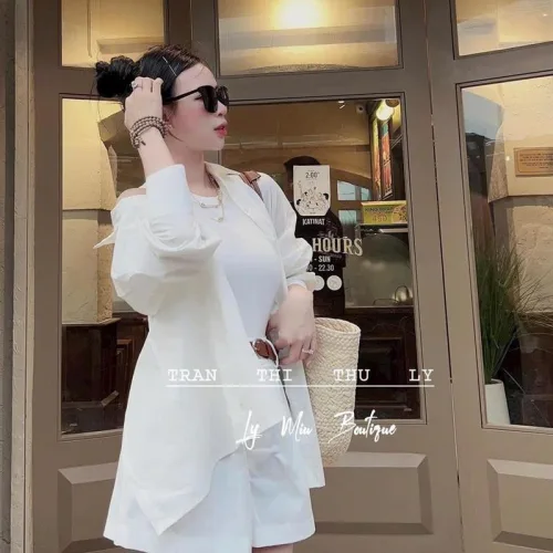 Sét sơ mi trắng 4 món khoác sơ mi kèm áo ba lỗ short