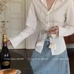 Sét sơ mi trắng chocker cổ + chân váy midi jean