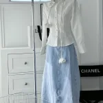 Sét sơ mi trắng chocker cổ + chân váy midi jean