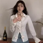 Sét sơ mi trắng chocker cổ + chân váy midi jean