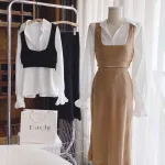 Sét sơ mi trắng + crop gân yếm + chân váy midi 2 màu