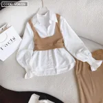 Sét sơ mi trắng + crop gân yếm + chân váy midi 2 màu