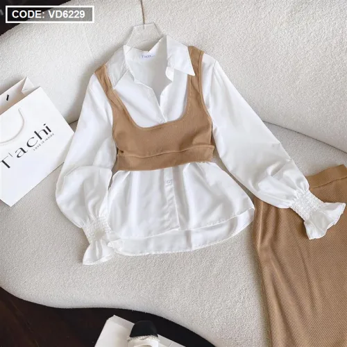 Sét sơ mi trắng + crop gân yếm + chân váy midi 2 màu