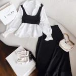Sét sơ mi trắng + crop gân yếm + chân váy midi 2 màu