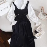 Sét sơ mi trắng + crop gân yếm + chân váy midi 2 màu