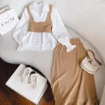 Sét sơ mi trắng + crop gân yếm + chân váy midi 2 màu