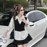 Sét sơ mi trắng phối đen ghi lê + chân váy xếp ly