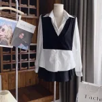 Sét sơ mi trắng phối đen ghi lê + chân váy xếp ly