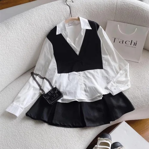 Sét sơ mi trắng phối đen ghi lê + chân váy xếp ly
