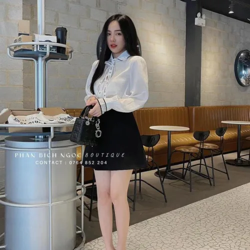Sét sơ mi trắng thắt nơ chữ + chân váy đen