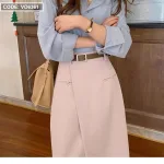 Sét sơ mi xanh + chân váy midi nude kèm nịt