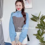 Sét sơ mi xanh nơ cổ kèm crop yếm gân xám + short trắng