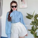 Sét sơ mi xanh nơ cổ kèm crop yếm gân xám + short trắng