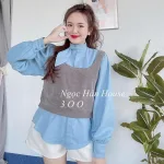 Sét sơ mi xanh nơ cổ kèm crop yếm gân xám + short trắng