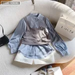 Sét sơ mi xanh nơ cổ kèm crop yếm gân xám + short trắng