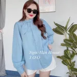 Sét sơ mi xanh nơ cổ kèm crop yếm gân xám + short trắng