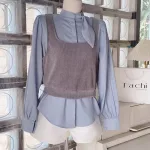 Sét sơ mi xanh nơ cổ kèm crop yếm gân xám + short trắng