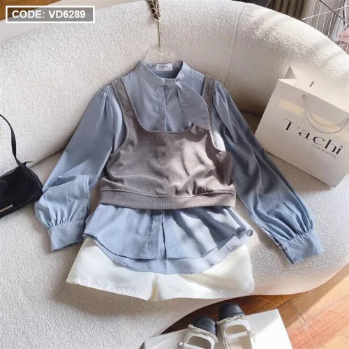 Sét sơ mi xanh nơ cổ kèm crop yếm gân xám + short trắng