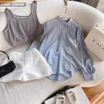 Sét sơ mi xanh nơ cổ kèm crop yếm gân xám + short trắng