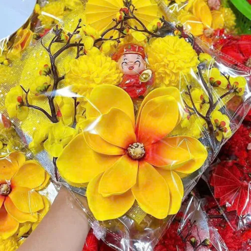 Set Trang Trí Hoa Mộc Lan Đào Cổ Tượng - Mẹt Tre Hoa Treo Tường - Phên Tre Trang Trí Tết
