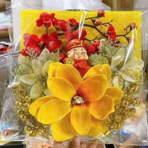 Set Trang Trí Hoa Mộc Lan Đào Cổ Tượng - Mẹt Tre Hoa Treo Tường - Phên Tre Trang Trí Tết