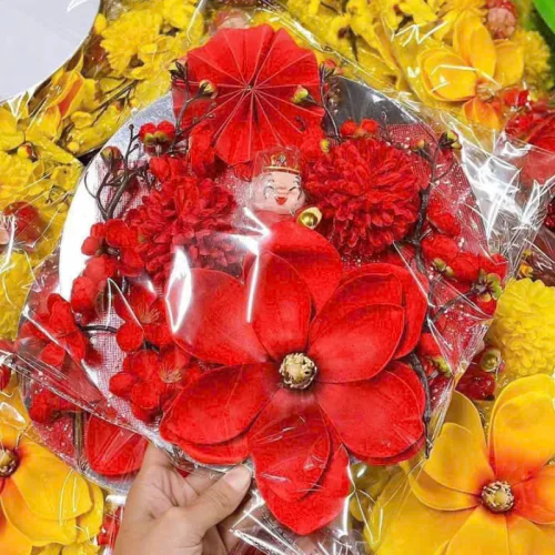 Set Trang Trí Hoa Mộc Lan Đào Cổ Tượng - Mẹt Tre Hoa Treo Tường - Phên Tre Trang Trí Tết