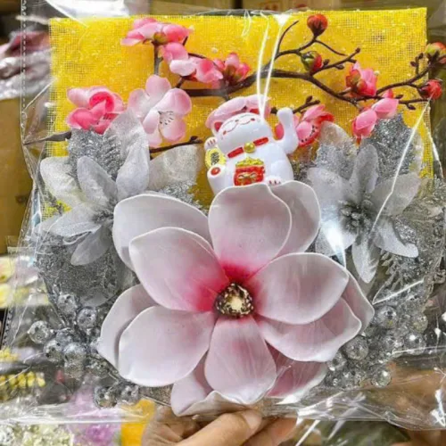 Set Trang Trí Hoa Mộc Lan Đào Cổ Tượng - Mẹt Tre Hoa Treo Tường - Phên Tre Trang Trí Tết