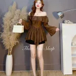 Sét voan nâu trễ vai tay loe + short đen