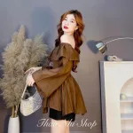 Sét voan nâu trễ vai tay loe + short đen