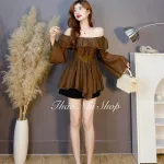 Sét voan nâu trễ vai tay loe + short đen