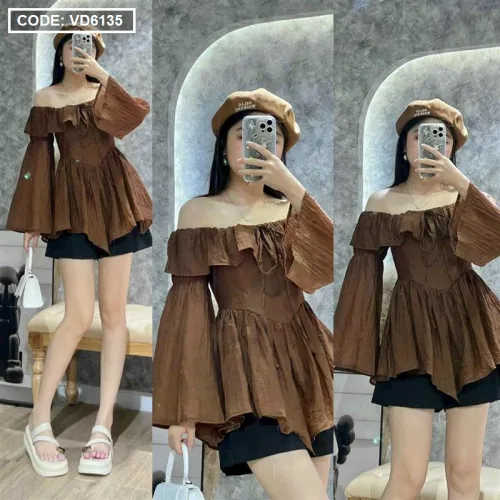 Sét voan nâu trễ vai tay loe + short đen