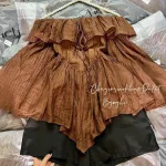 Sét voan nâu trễ vai tay loe + short đen