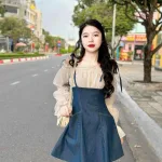 Sét yếm jean cột vai kèm áo trắng trễ vai tay bochun
