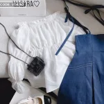 Sét yếm jean cột vai kèm áo trắng trễ vai tay bochun