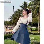 Sét yếm jean cột vai kèm áo trắng trễ vai tay bochun