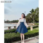 Sét yếm jean cột vai kèm áo trắng trễ vai tay bochun