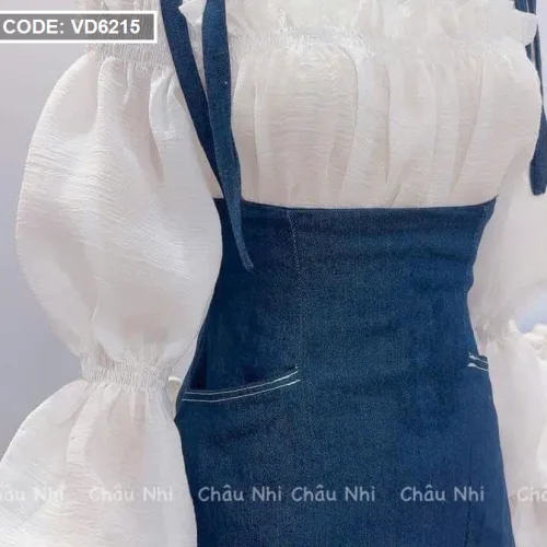 Sét yếm jean cột vai kèm áo trắng trễ vai tay bochun