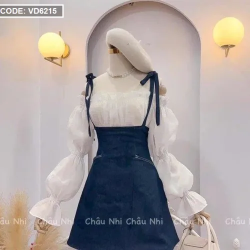 Sét yếm jean cột vai kèm áo trắng trễ vai tay bochun
