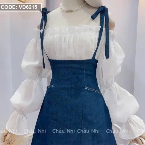 Sét yếm jean cột vai kèm áo trắng trễ vai tay bochun