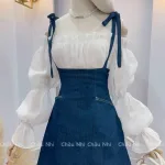 Sét yếm jean cột vai kèm áo trắng trễ vai tay bochun