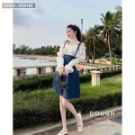 Sét yếm jean cột vai kèm áo trắng trễ vai tay bochun
